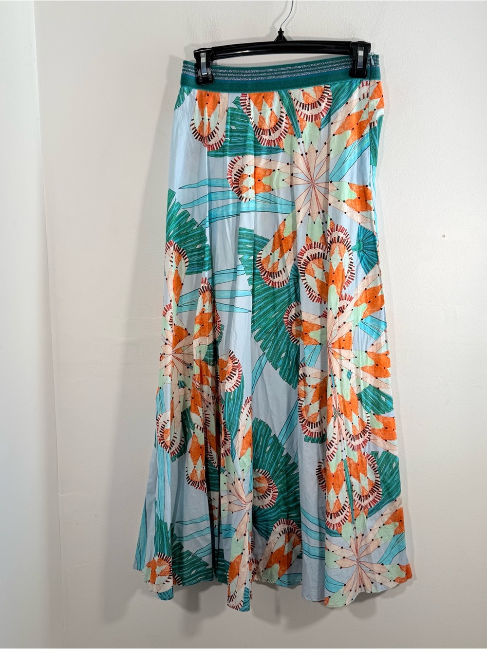 Oliphant Teal Orange Geometric Botanical Print Metallic Waist Maxi Skirt XS